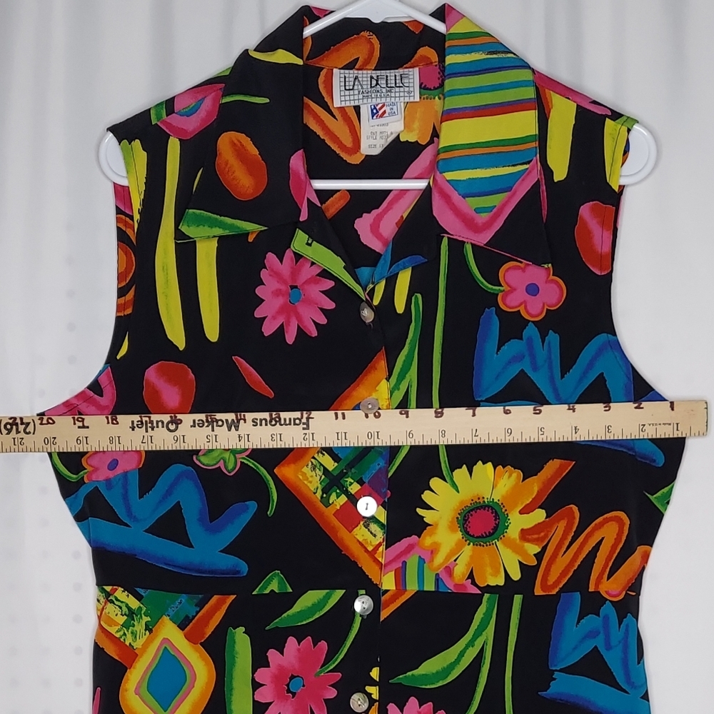 90's Vtg LABelle Button Collar Dress Multicolor Print Tie Sleeveless Midi 13 USA - Picture 5 of 12
